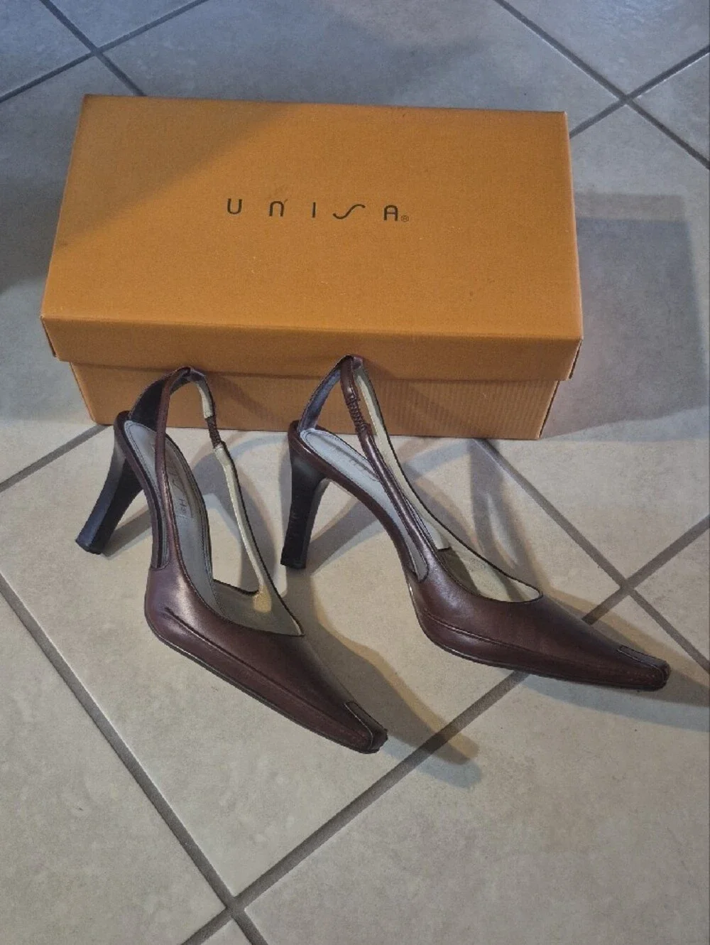 Unisa Brown Leather Slingback Pointed-Toe Heels